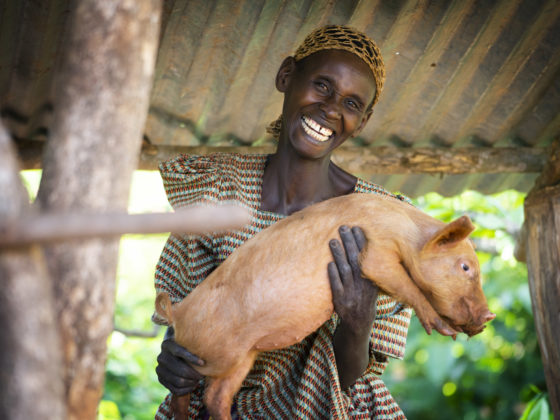 A woman in Uganda holds a pig that she received from a Bright Hope partner church through a family empowerment initiative.