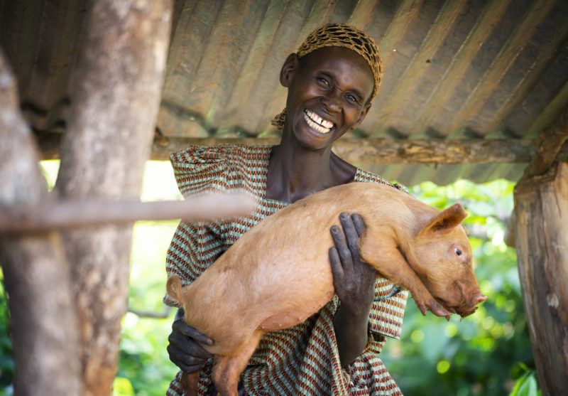 A woman in Uganda holds a pig that she received from a Bright Hope partner church through a family empowerment initiative.